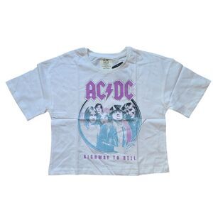 AC/DC Girl's Youth Size 11/12 White Cropped Shirt Gemstone Border Pink Blue New